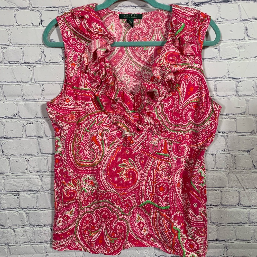 Lauren Ralph Lauren Womens V-Neck Ruffle Paisley Sleeveless Top XL Preppy Casual